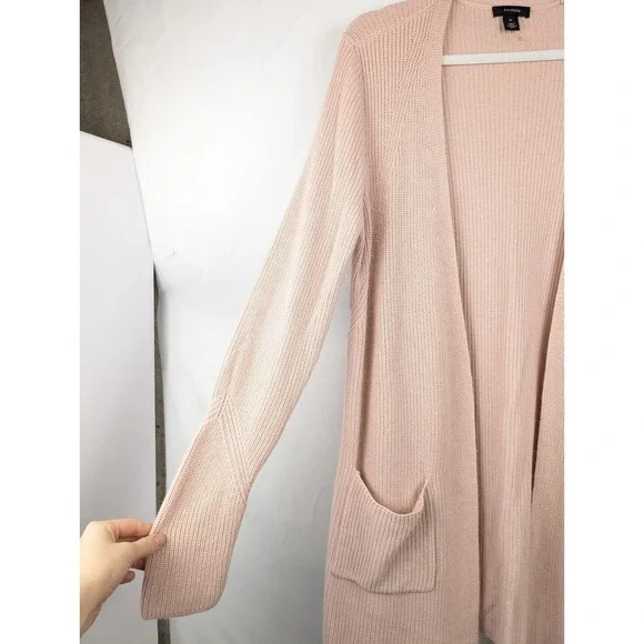 Halogen Cashmere Open Front Cardigan‎ Size M Pink Knit Pockets Coquette Longline - Picture 3 of 11